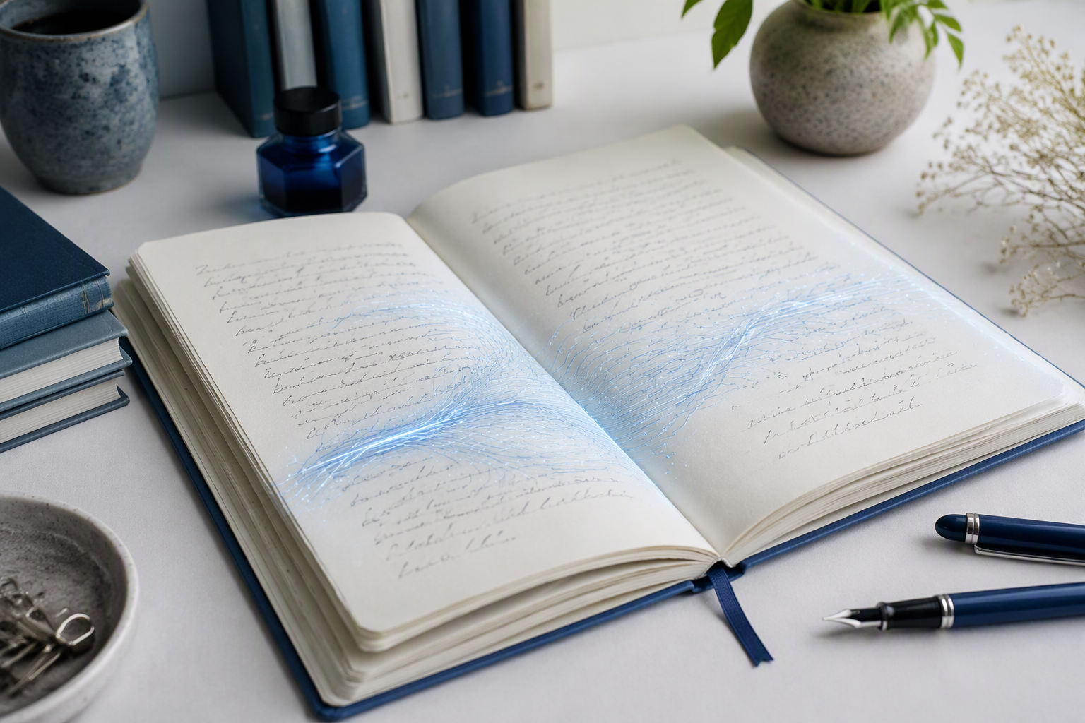 An open manuscript with a delicate blue circuit trace across its pages